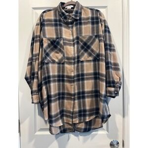 LIFE Love Is For Eternity Tan Navy Plaid Open Tie Back Flannel Shacket Large